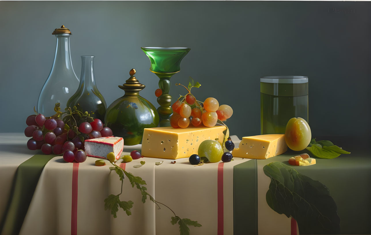 Cheese, grapes, olives, and glassware on draped table