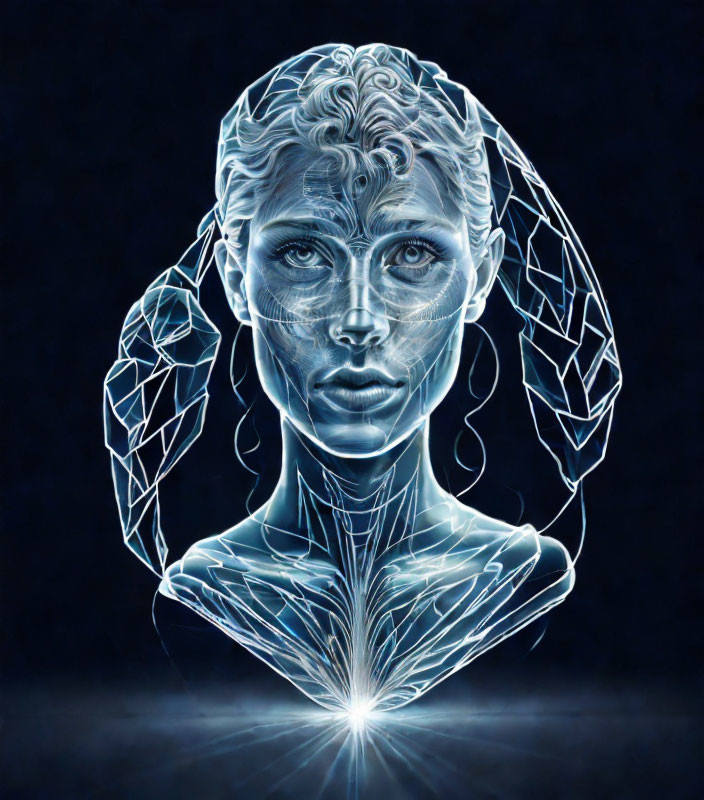 Intricate digital art: Woman with glowing lines on dark background