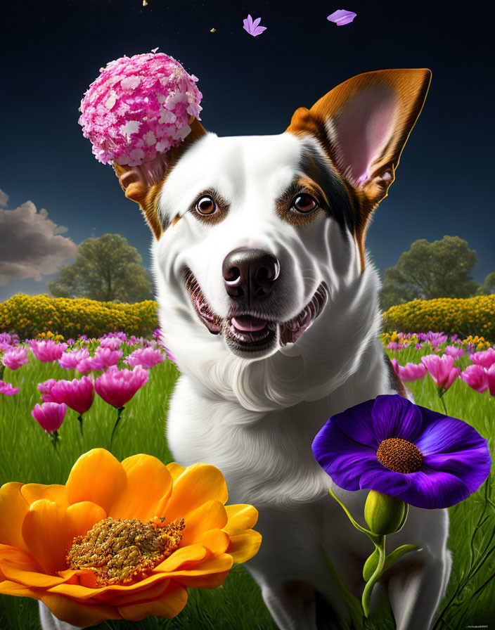 Cheerful dog with pink-tipped ice cream cone in vibrant flower setting