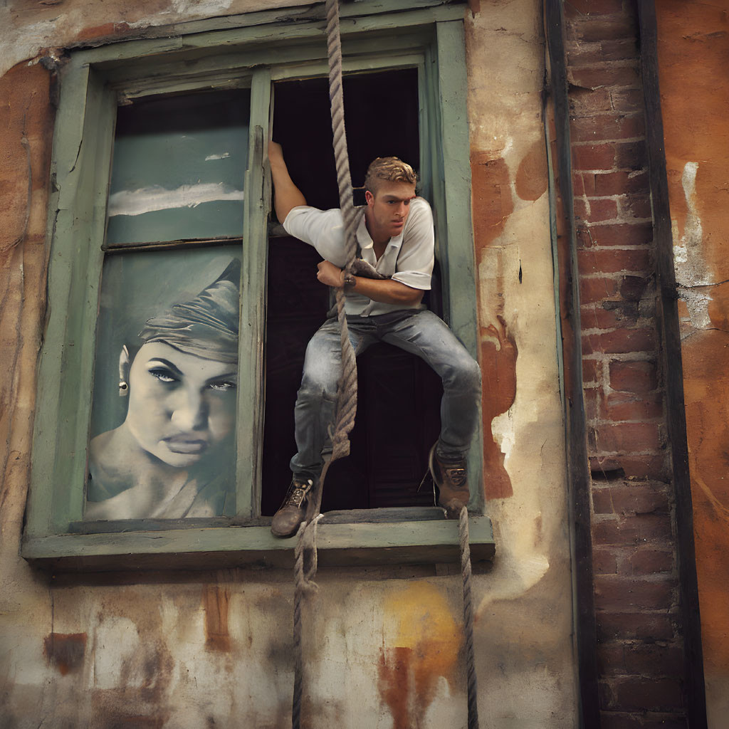 Person climbs out window with rope near woman portrait.