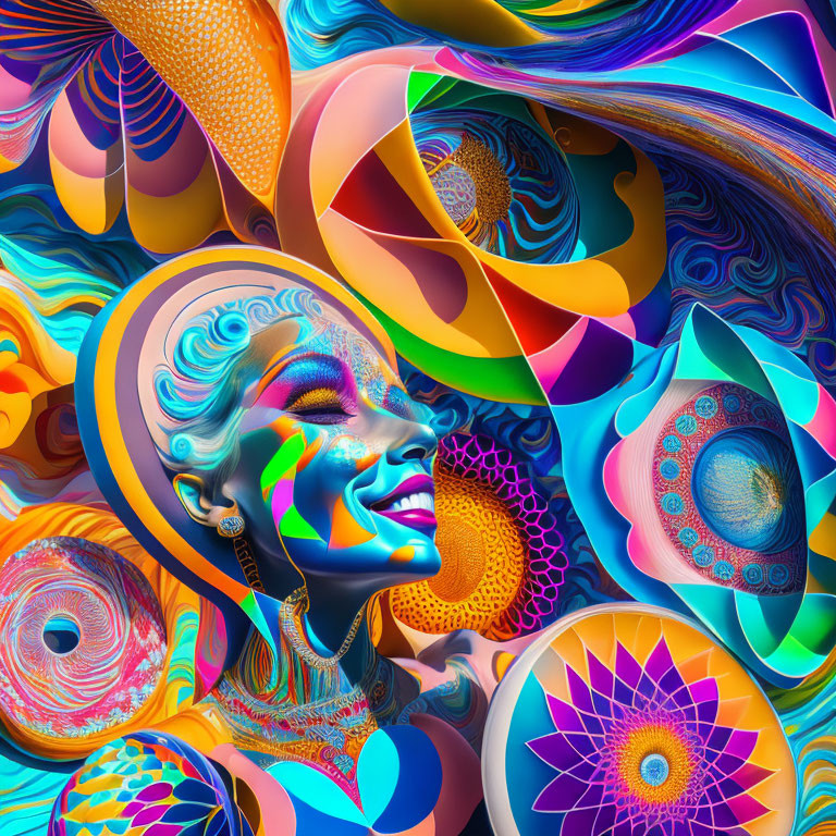 Colorful digital art: Woman's profile with swirling patterns