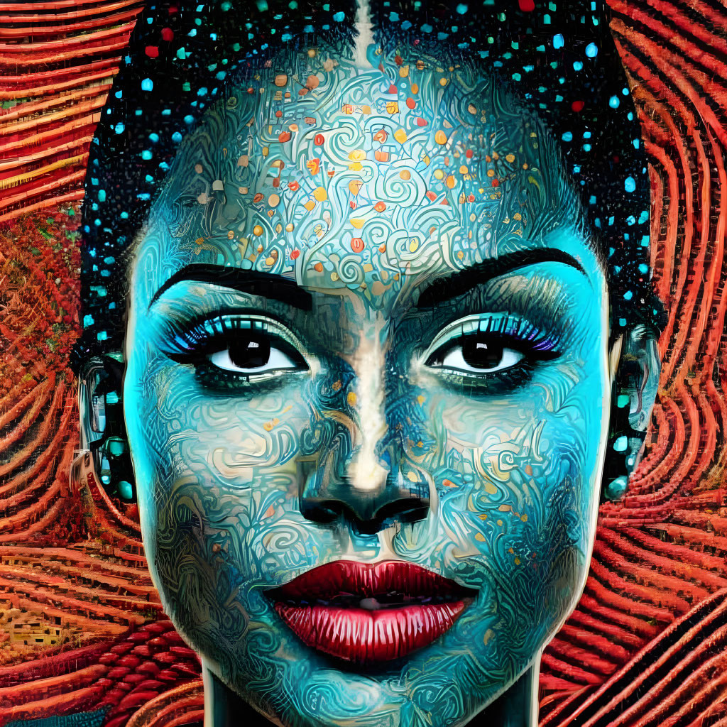 Vibrant artistic portrait of a woman with intricate skin patterns on red background