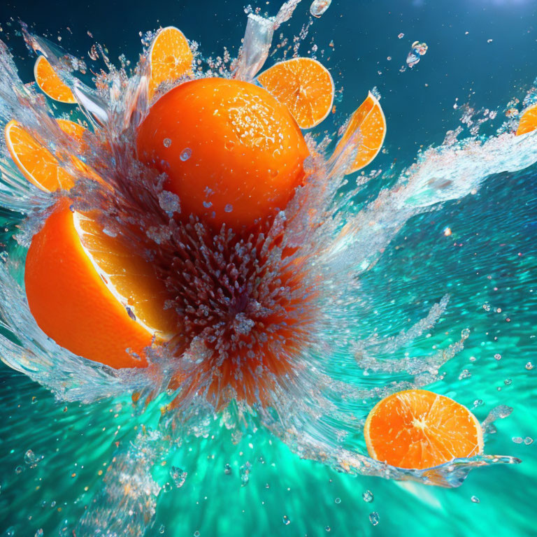 Orange splashing in water against turquoise backdrop