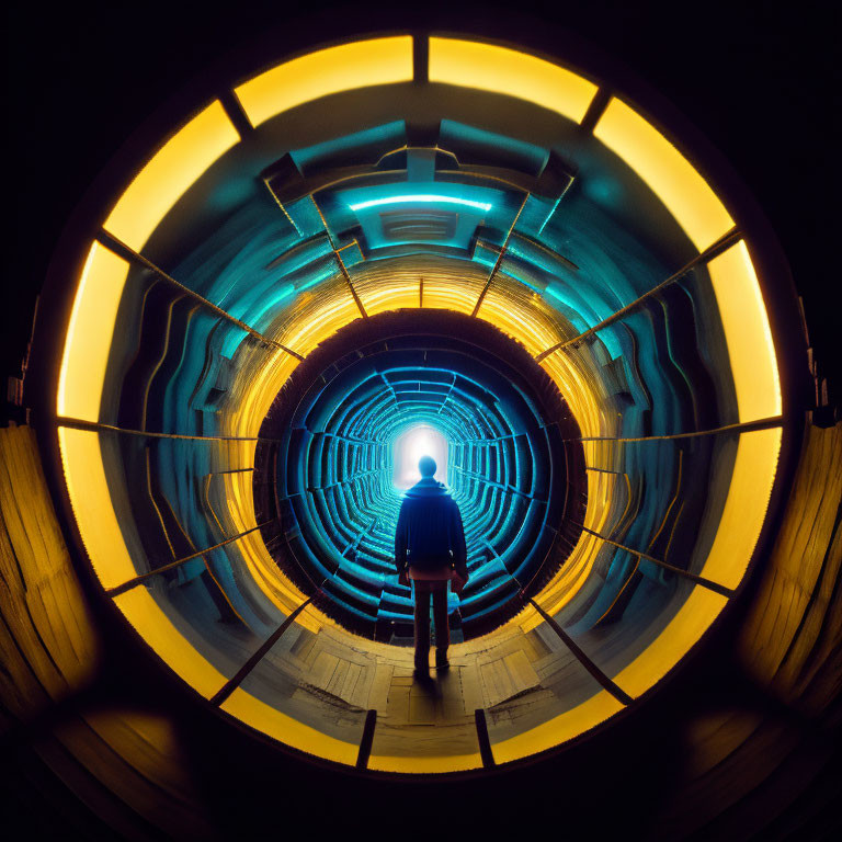 Silhouetted figure in futuristic illuminated tunnel with glowing circles.