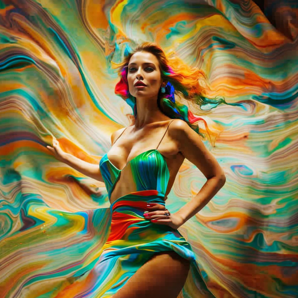 Colorful Dress Woman Poses Against Vibrant Swirl Backdrop