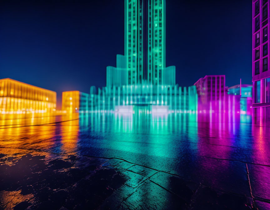 Colorful Night Cityscape with Illuminated Skyscrapers and Fountains