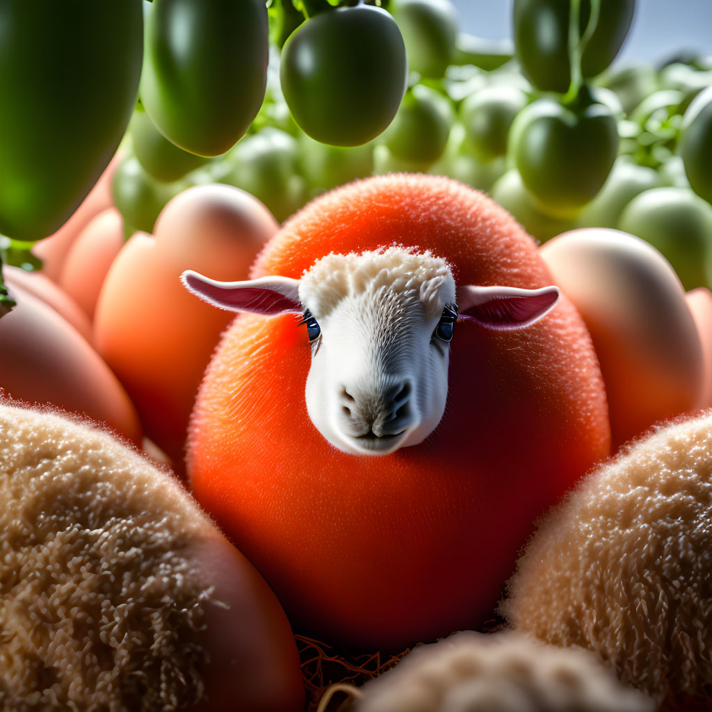 Surreal image: lamb's head in tomato with kiwi and grapes