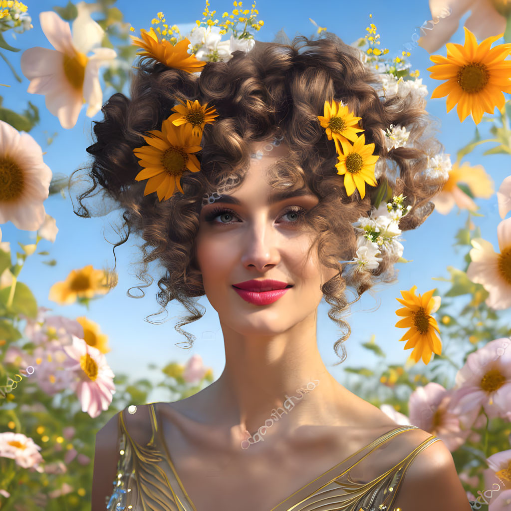 Smiling woman with curly hair and flowers against blooming backdrop