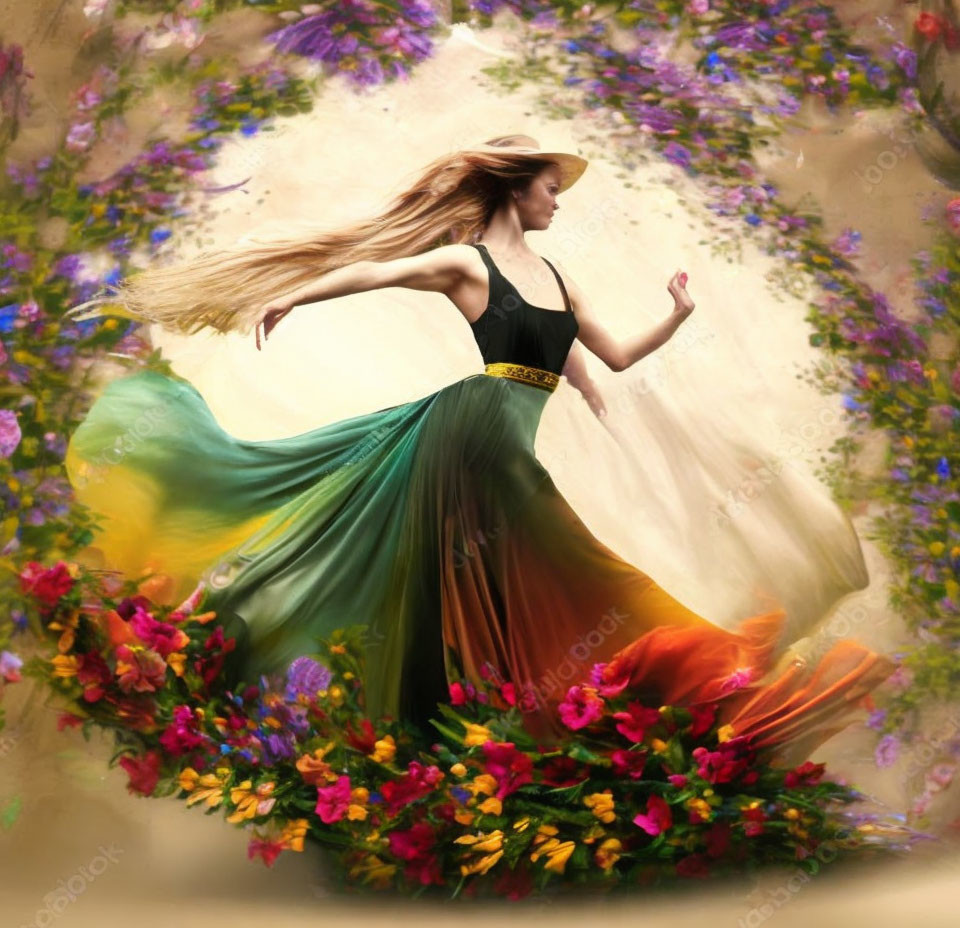 Colorful woman in flowing dress dances amidst floral swirl in fantasy setting