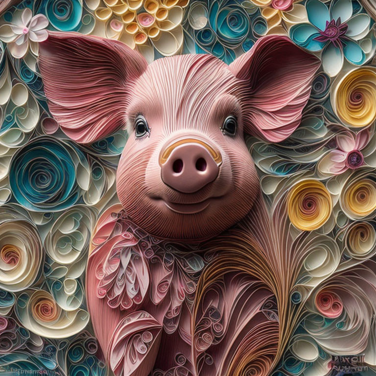 Colorful Quilled Paper Pig Illustration with Floral Patterns