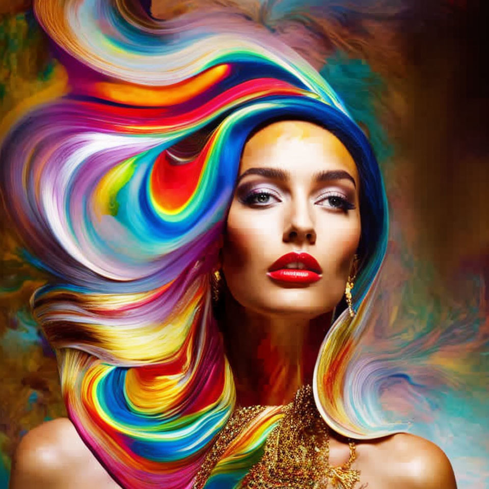 Colorful swirls around woman's head with striking makeup and elegant jewelry.