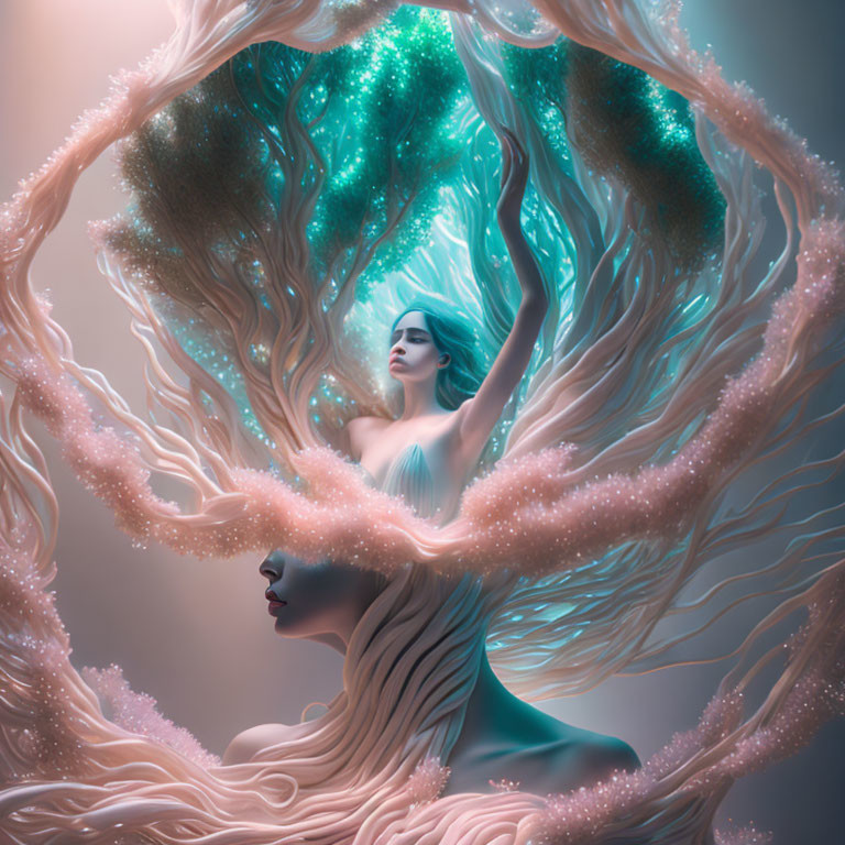 Surreal image: Women with tree-like hair, glowing blue details, teal background