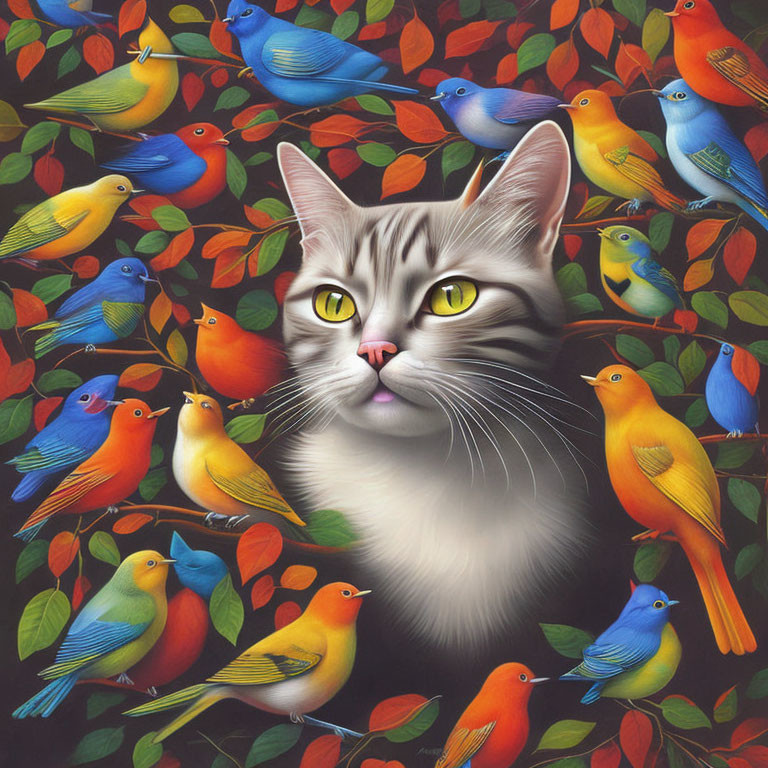 Grey and White Cat with Yellow Eyes Surrounded by Colorful Birds and Green Leaves