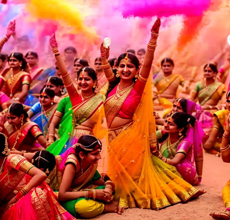 Traditional attired women dance in vibrant Holi festival colors