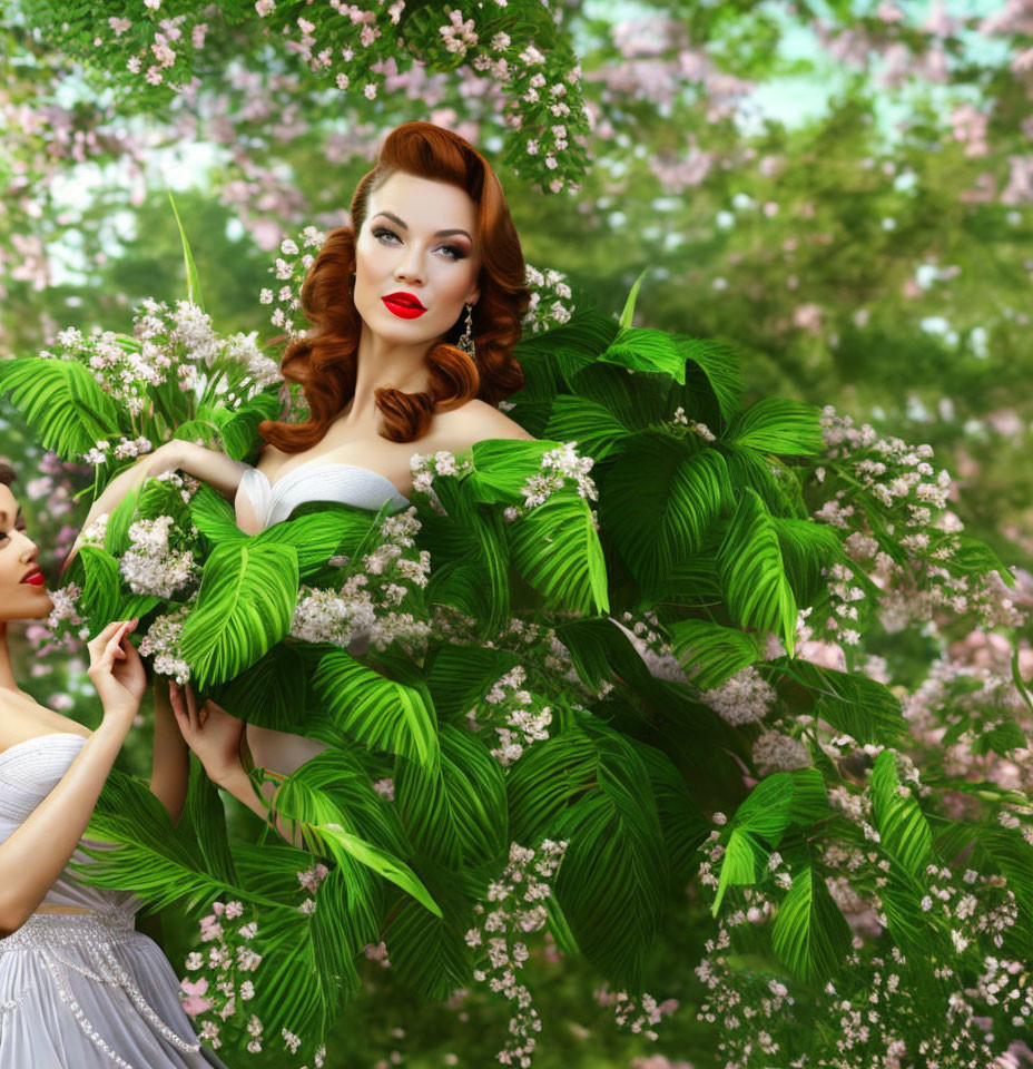 Vintage-styled woman with red lipstick and curled hair in nature scene with another person.