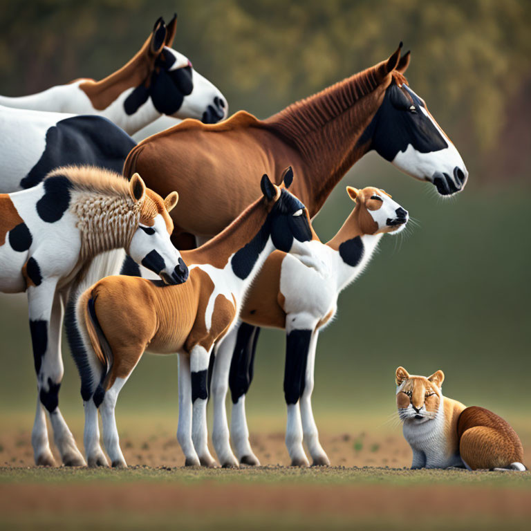 Colorful Horses and Caracal in Field Scene