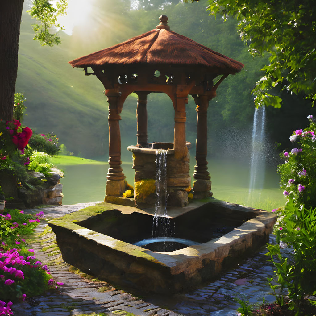 Tranquil garden scene with wooden gazebo, thatched roof, stone fountain, sunlight, trees