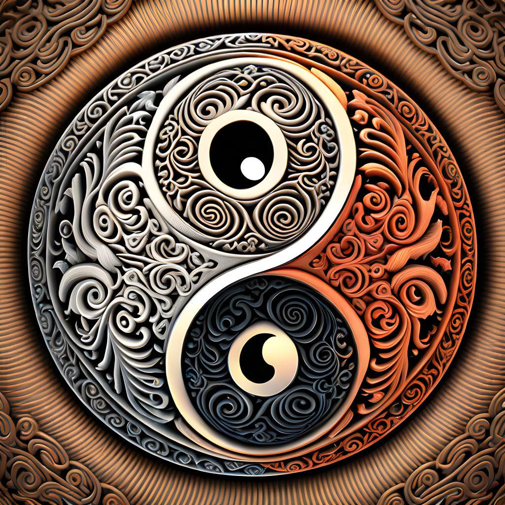 Detailed 3D Yin Yang symbol with intricate black and white patterns