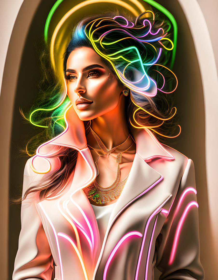 Colorful digital art of a woman with neon hair and glowing lines, framed by an arched structure