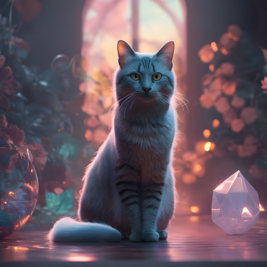 Serene cat in mystical setting with ambient lighting