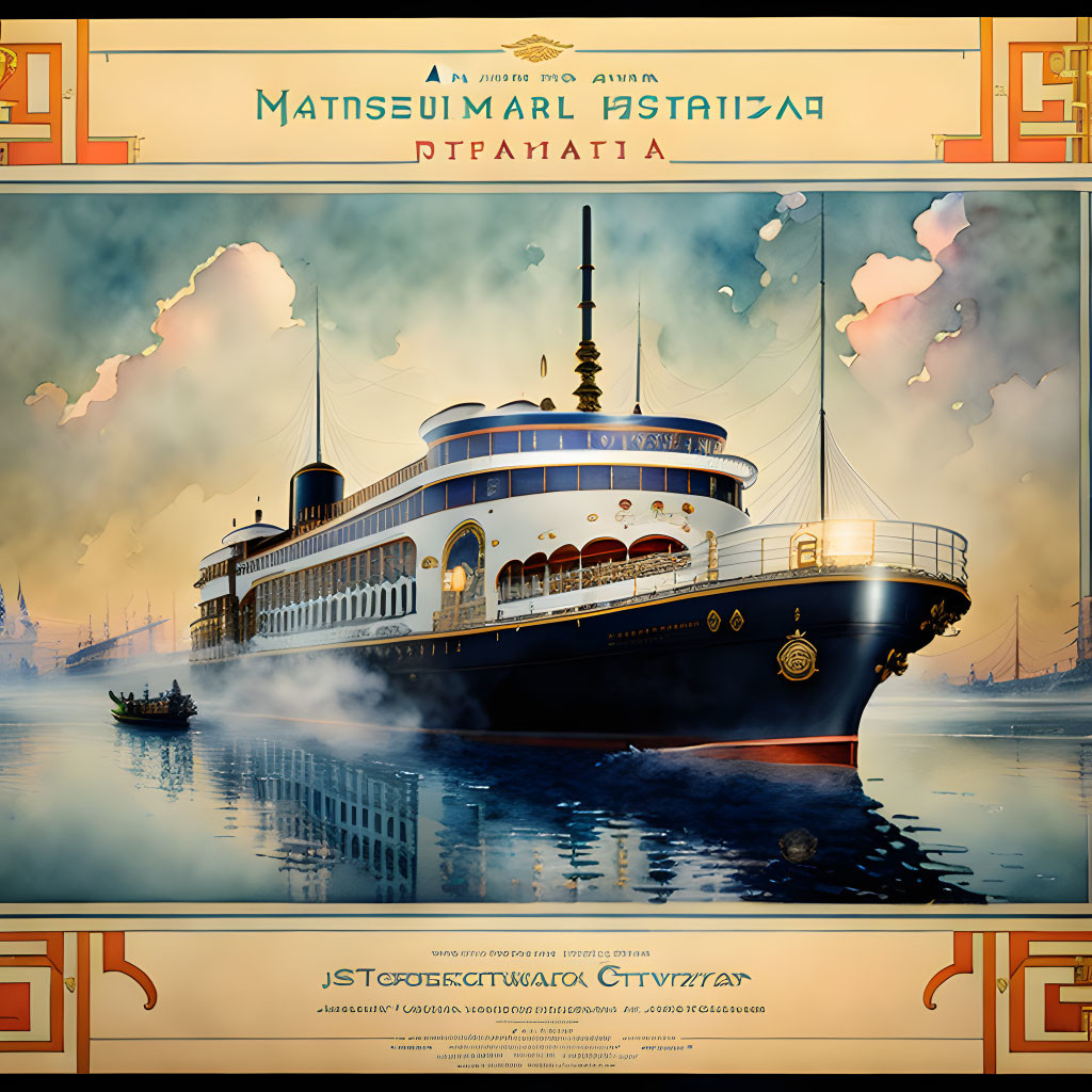 Illustrated vintage-style steamship poster with ornate border and Cyrillic text accents