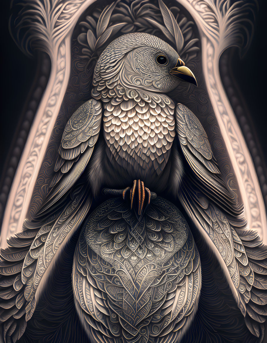 Detailed Bird Illustration with Ornate Feathers and Gradient Textures