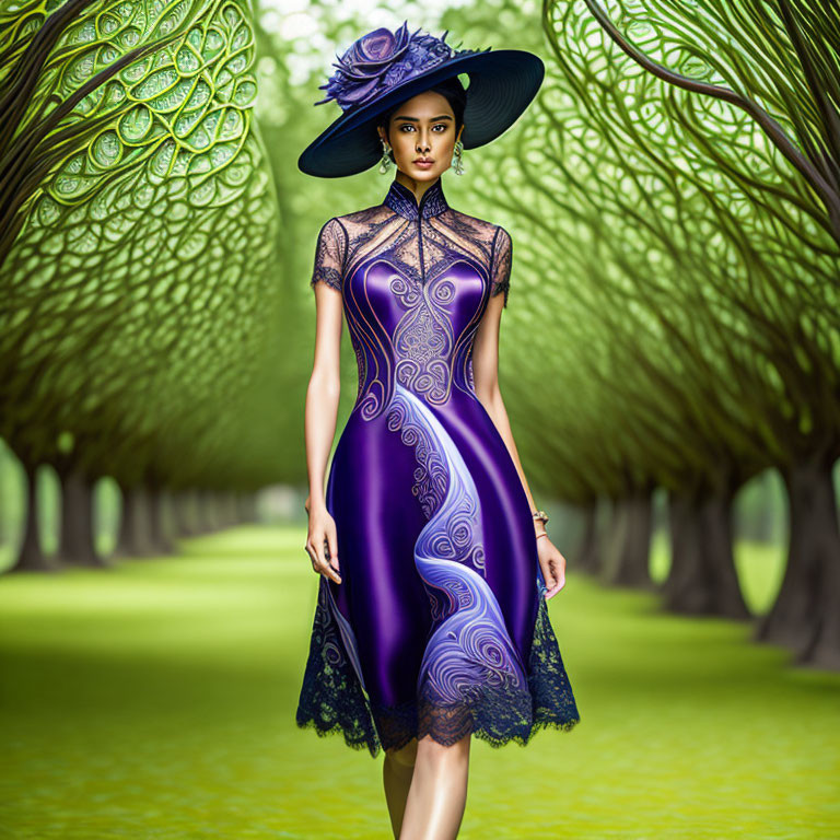 Woman in elegant purple dress and wide-brimmed hat in tree-lined alley