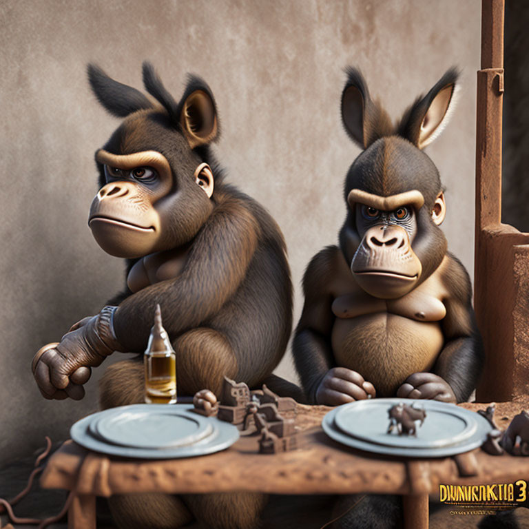 Animated gorillas at table with plates, bottle, and wooden structure