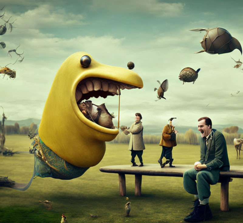 Surreal image of giant yellow creature being fed in whimsical landscape