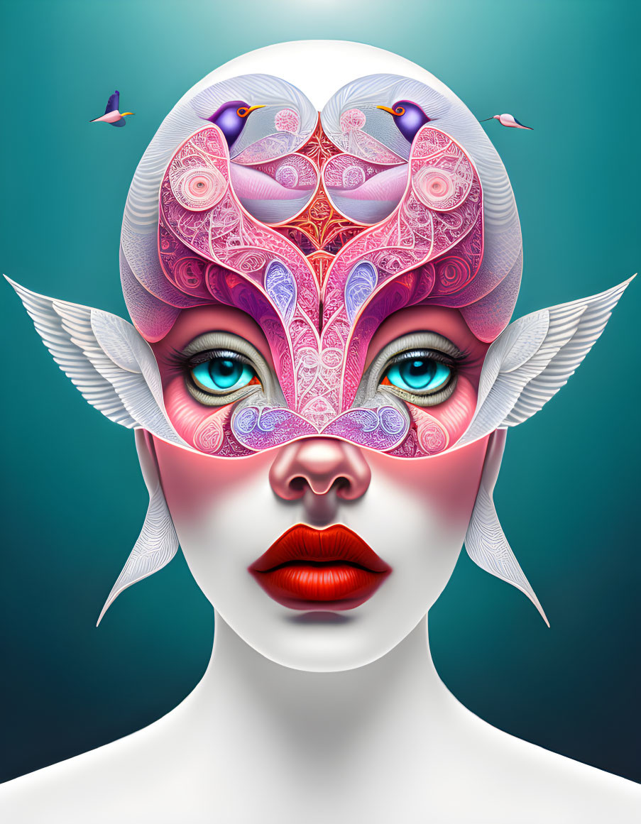 Surreal woman illustration with blue eyes, red lips, and bird-themed headdress