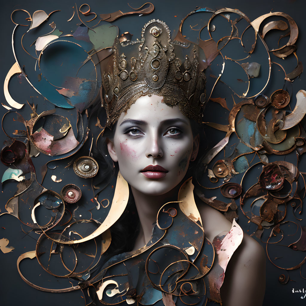 Portrait of a regal woman with ornate crown and metallic swirls in bronze and gold