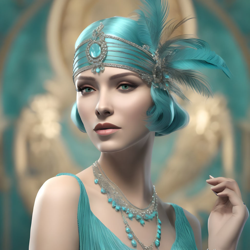 1920s fashion digital artwork with turquoise flapper headband and feather