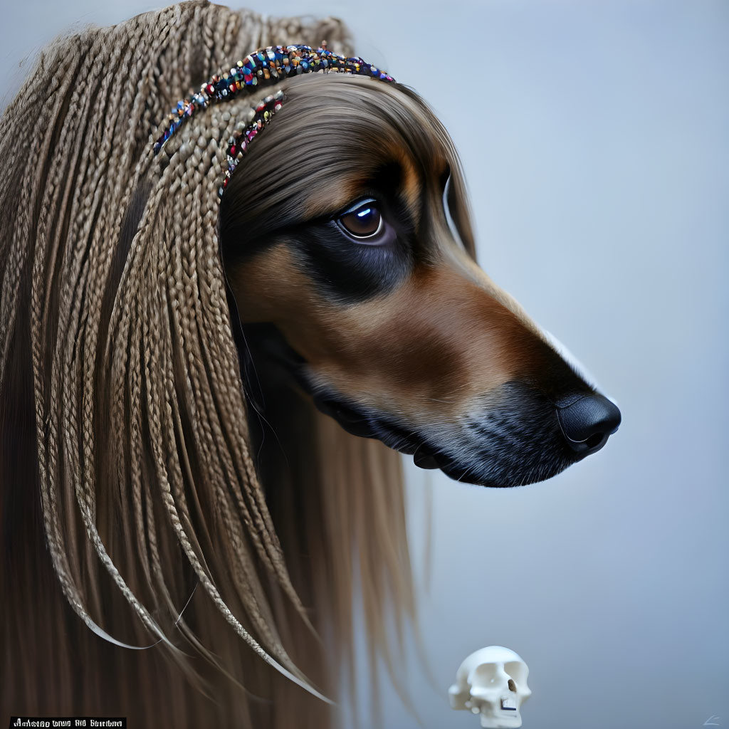 Digitally created image: Dog with human-like eyes and beaded braids, posing next to skull