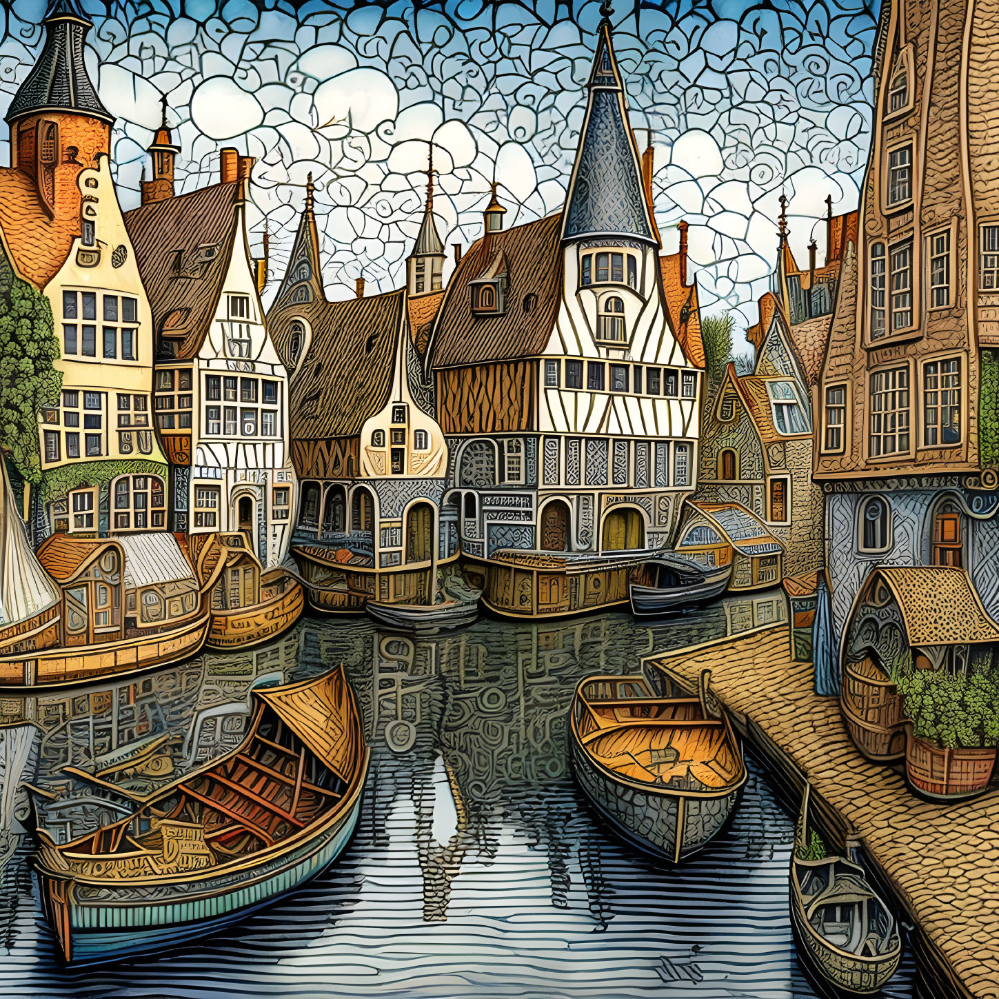 Detailed illustration of quaint European village scene