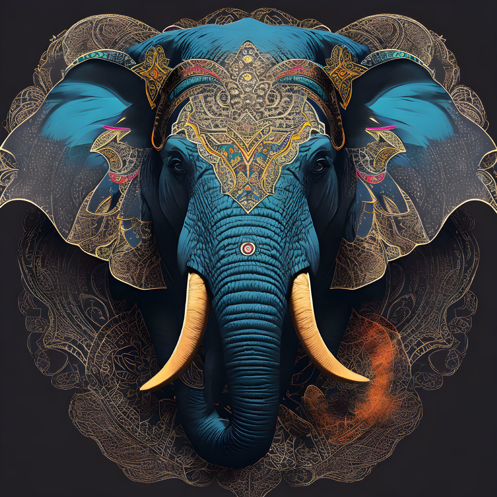 Symmetrical ornate elephant artwork on dark background