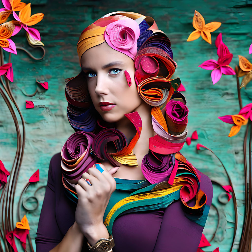 Woman with paper art hair, butterflies, and headscarf stare intensely.