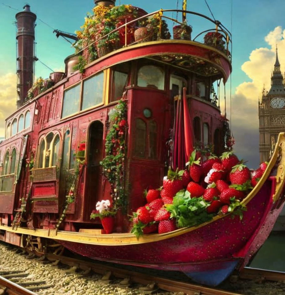 Red tram with strawberries and greenery against industrial backdrop