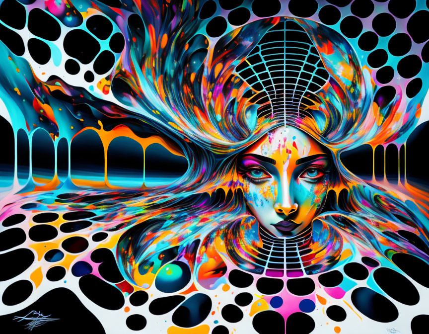 Colorful digital artwork: Woman's face, flowing hair, black holes, and waves