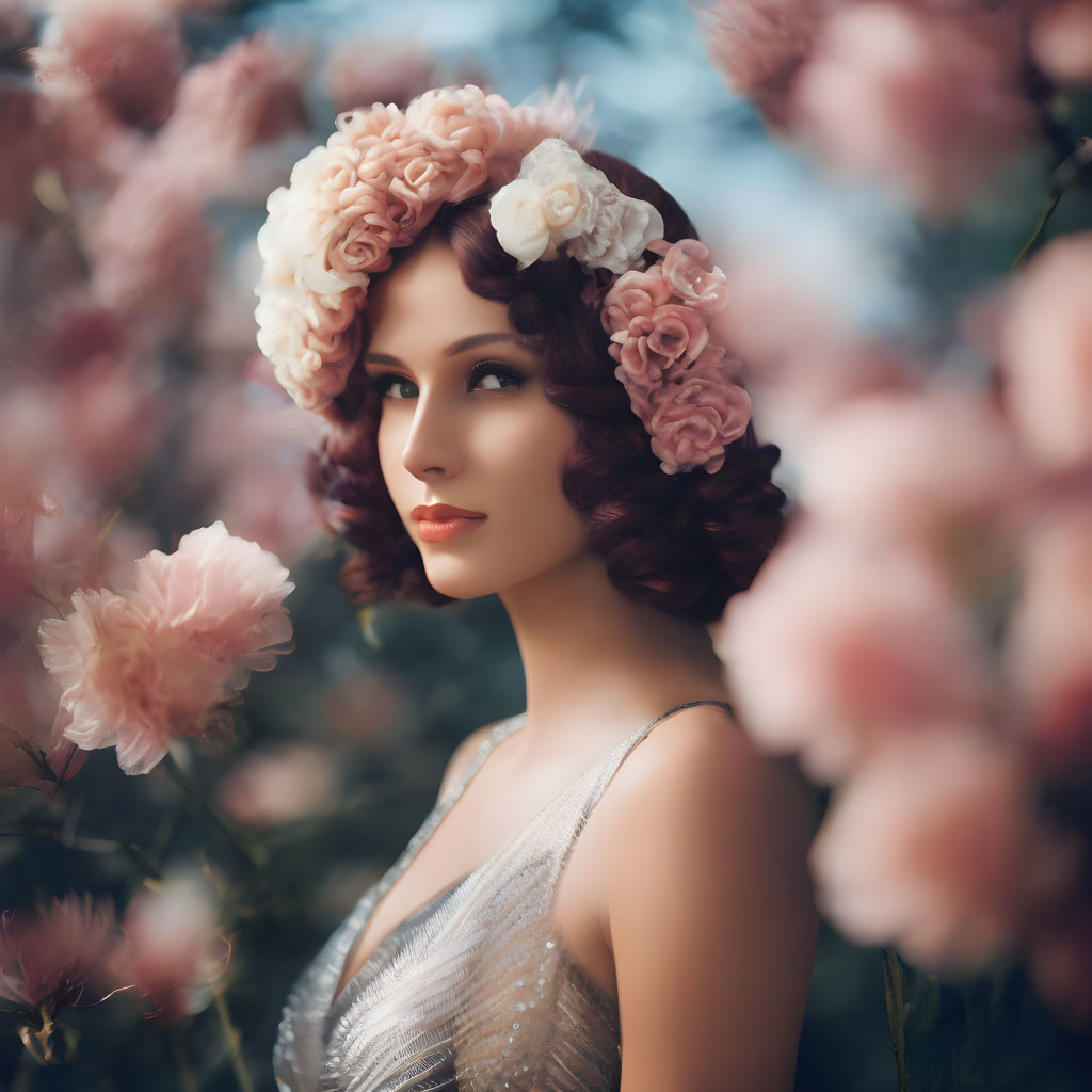 Woman in Floral Headpiece Surrounded by Pink Blossoms