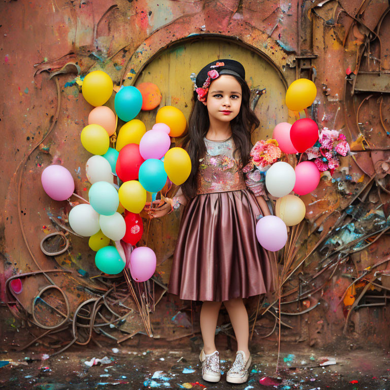 Young girl in floral dress with balloons by rustic door