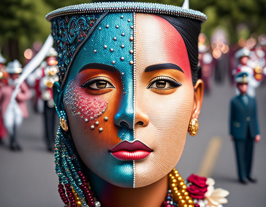 Elaborately Painted Face in Blue and Red with Marching Band Background