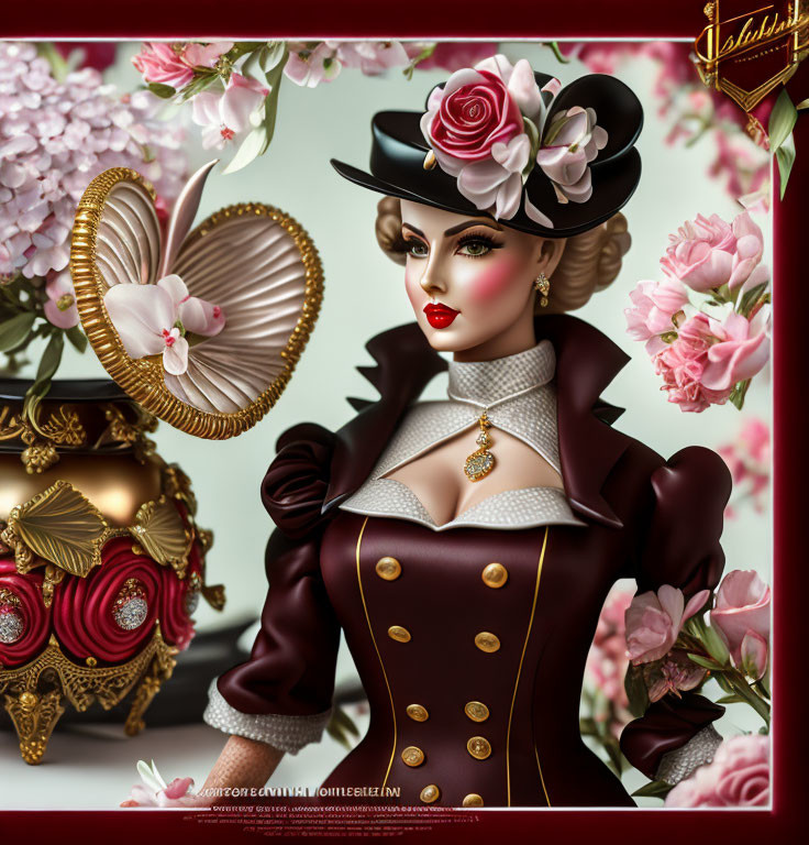 Victorian-inspired female character with stylized makeup and floral motifs