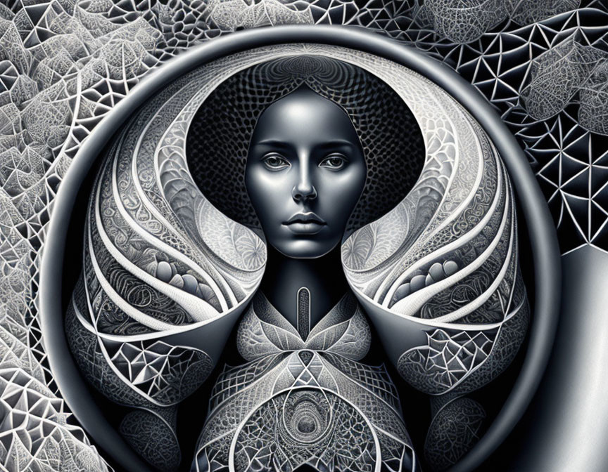 Grayscale digital artwork of woman in circular mandala designs