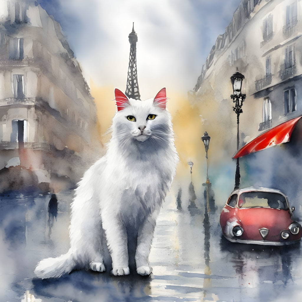 White cat in Parisian street with Eiffel Tower and red car.