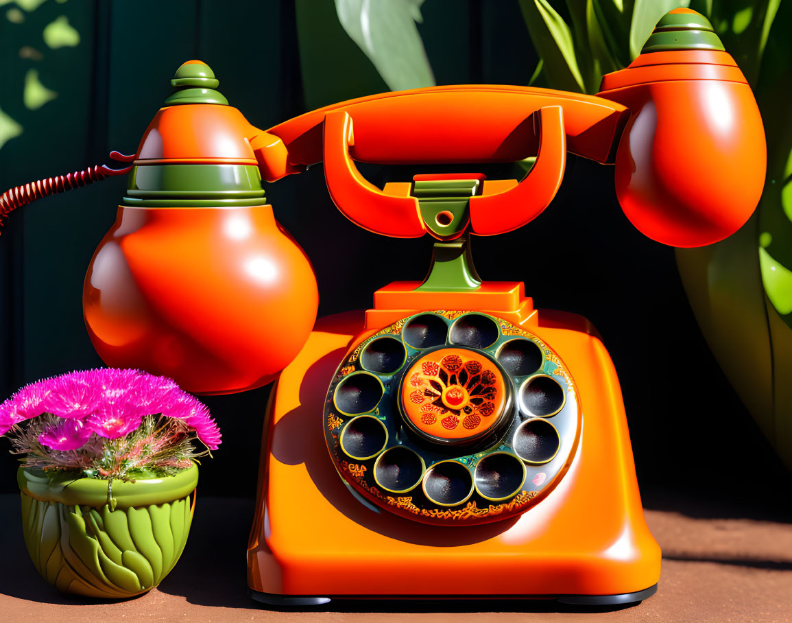 Vintage orange rotary telephone off hook next to pink cactus flower on dark background