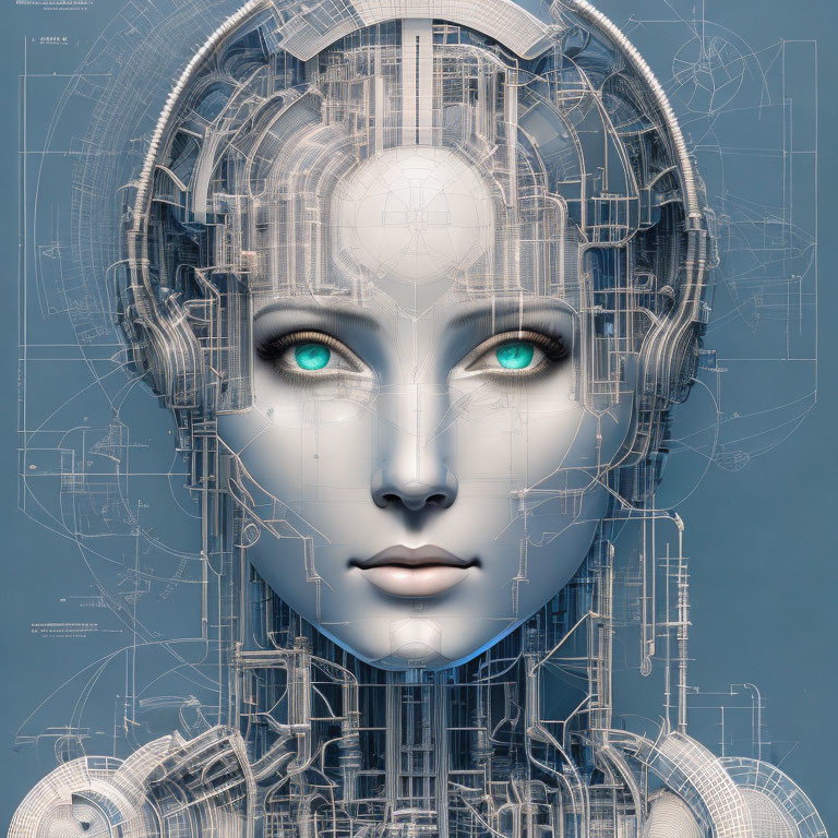 Detailed 3D Female Robot Head Illustration with Mechanical Designs