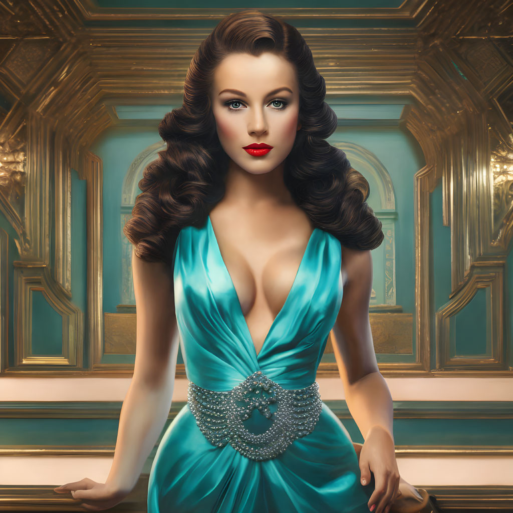 Stylized retro portrait of woman in teal dress with glamorous makeup