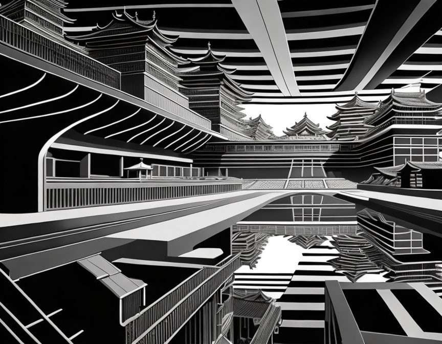 Surreal monochrome architecture with Asian-style buildings and intersecting staircases