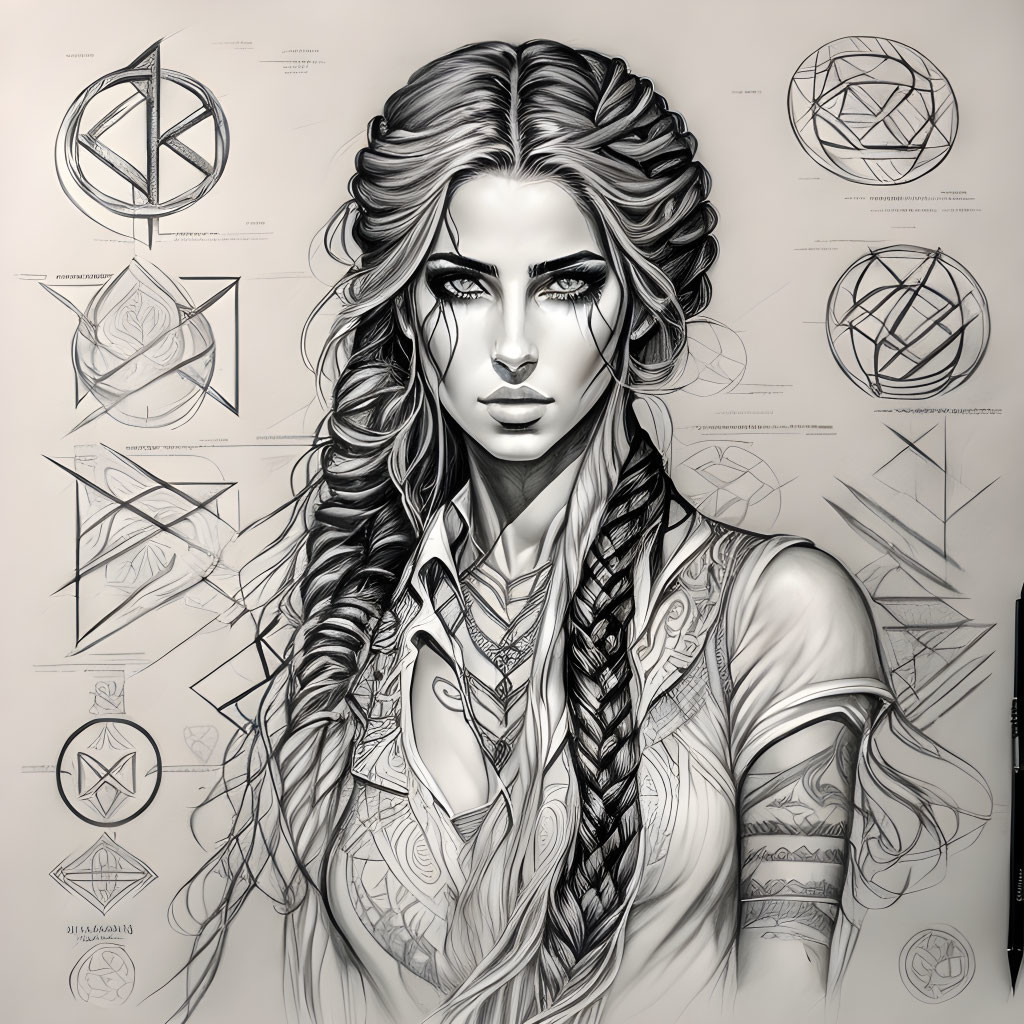 Monochrome illustration: Woman with tattoos and braided hair amid geometric shapes.