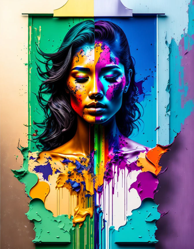 Colorful digital artwork of a woman's face with flowing multicolored paint